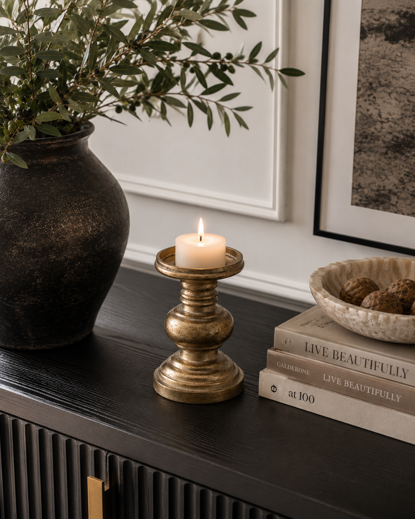 Antique Brass Effect Squat Candle Holder