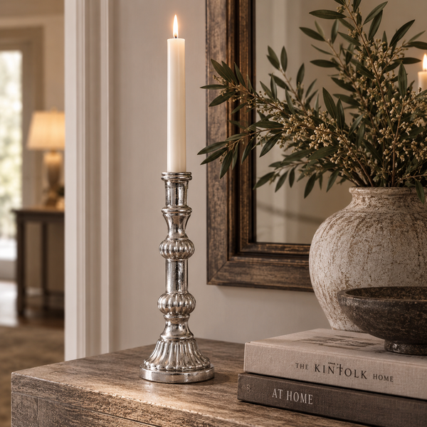 Large Metallic Ceramic Candle Stick With Ridge Detailing