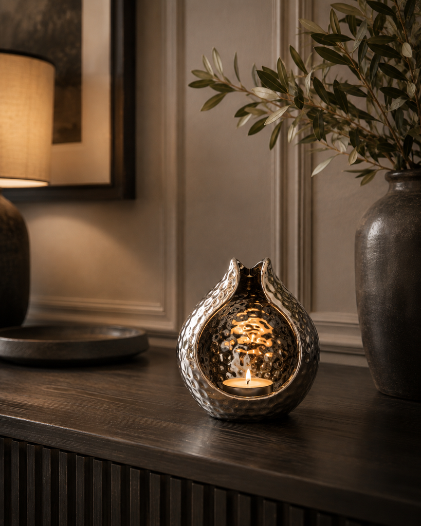 Silver Ceramic Dimple Effect Tea Light Holder