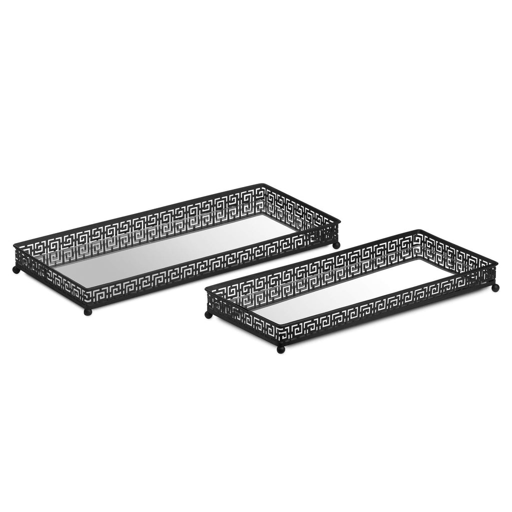 Set Of Two Rectangular Aztec Black Mirrored Trays - Style My Pad