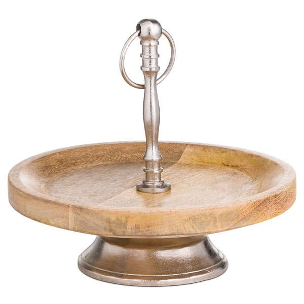 Wooden Display Platter Stand With Silver Metallic Detail - Style My Pad